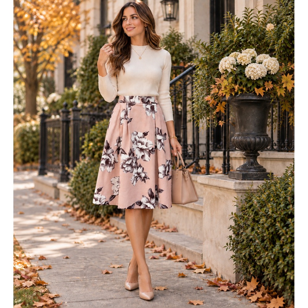Potters Pot Womens M Pink Floral Pleated A-Line Skirt Romantic Workwear
